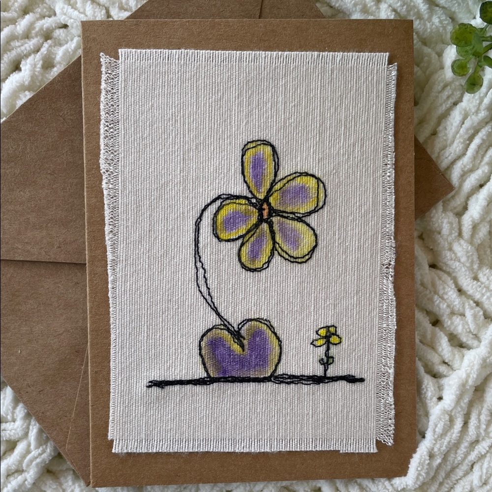 Handmade Embroidered Floral Greeting Card with Purple and Yellow Flower Design